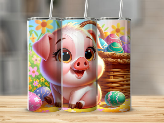 Cute piglet with Easter eggs and basket.