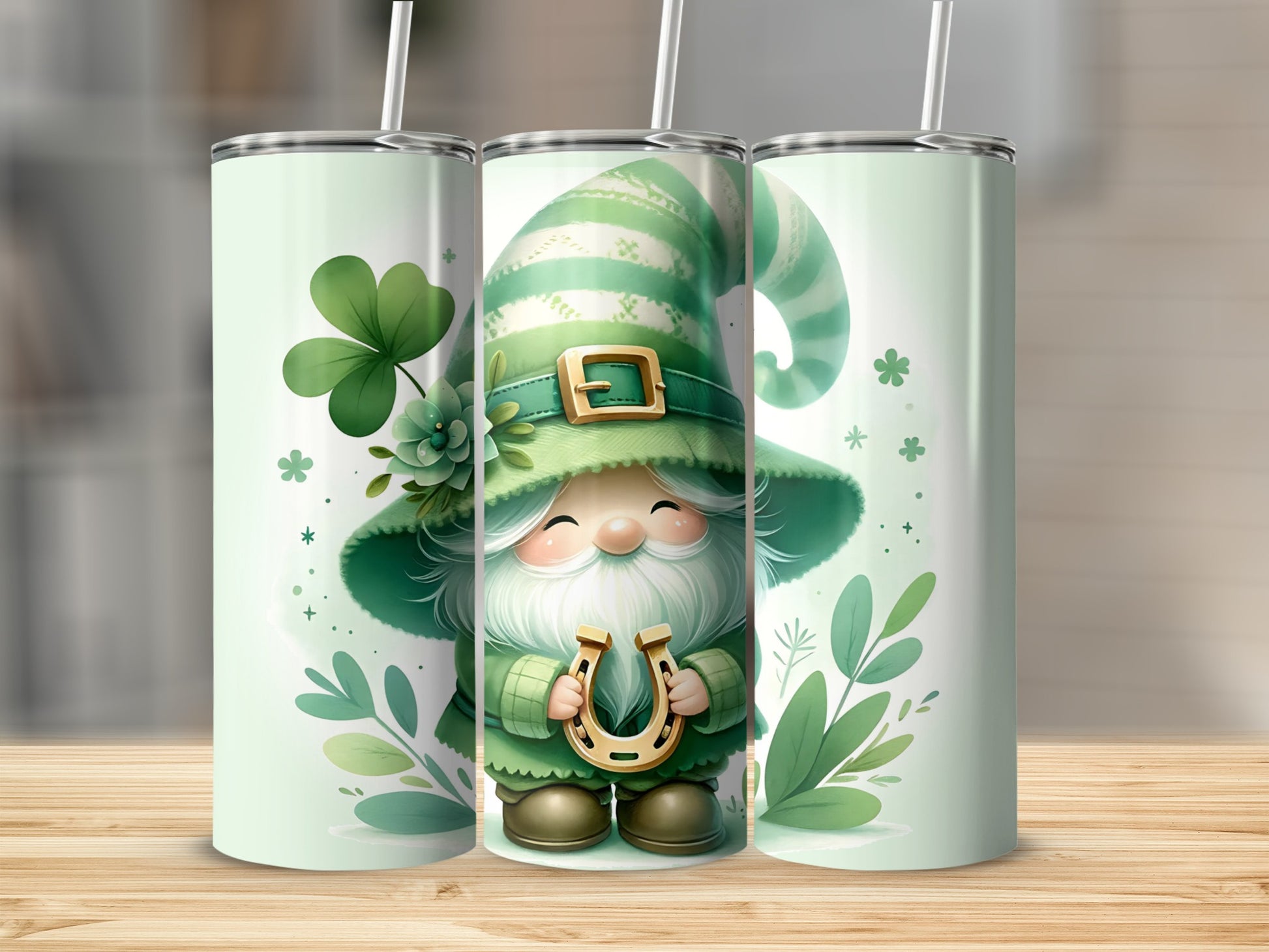 St. Patrick's Day gnome with horseshoe, shamrocks, and greenery on a tumbler.