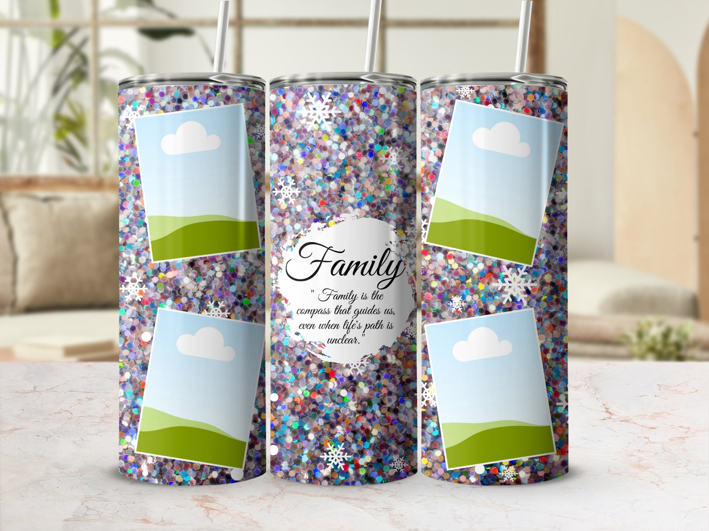 Glitter tumbler with "Family" quote and four photo placeholders.