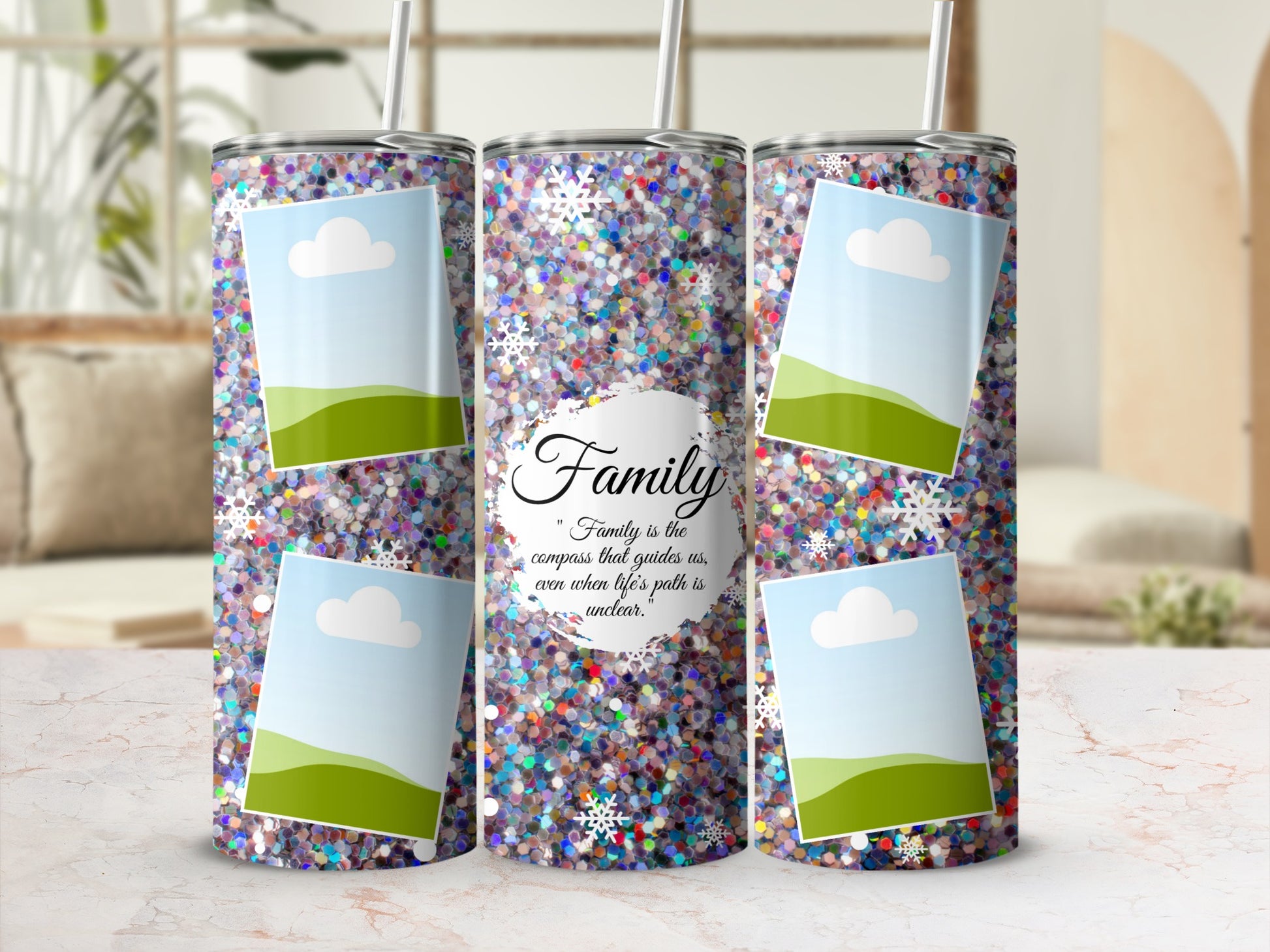 Glitter tumbler with "Family" quote and four photo placeholders.