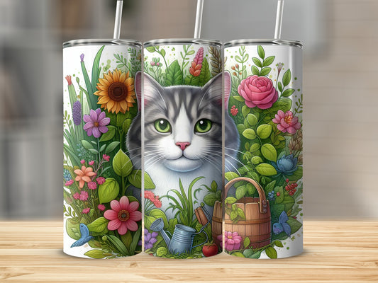 Gray tabby cat peeking through floral garden with watering can and butterfly.