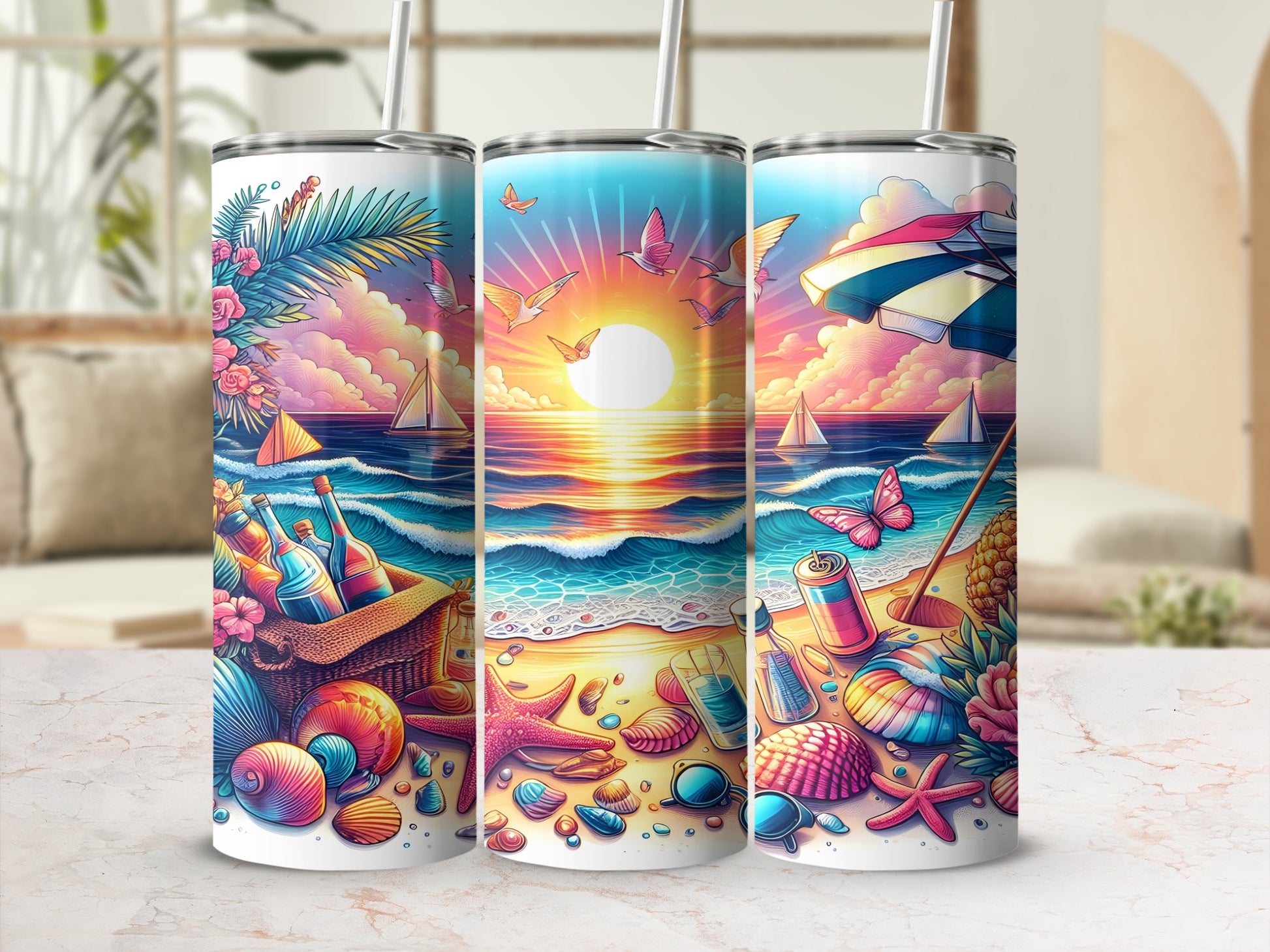 Three beach-themed tumblers with seashells, umbrella, and sunset scene.