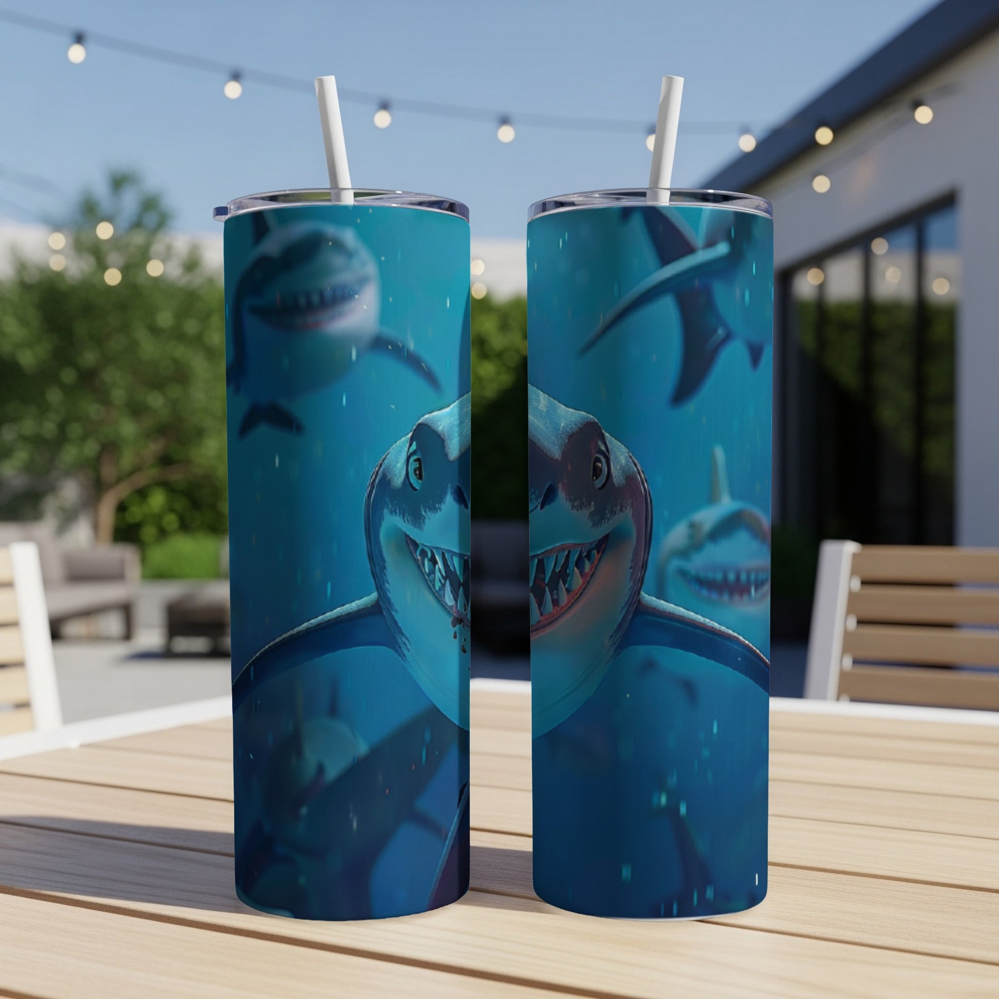 Two tumblers with cartoon sharks smiling and swimming underwater.