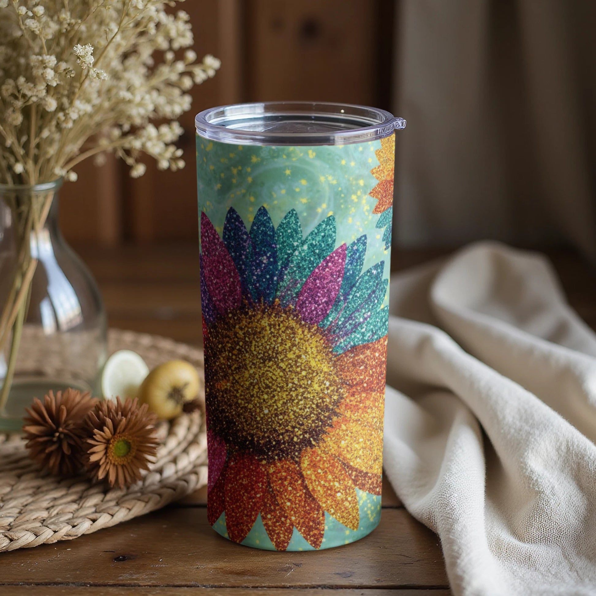 Vibrant Glitter Sunflower Design Insulated Tumbler