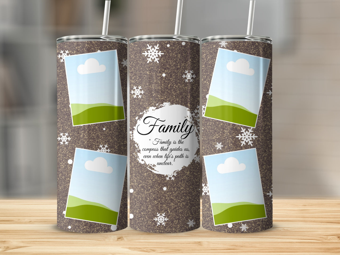 Three tumblers with photo frames, snowflakes, and the quote "Family is the compass that guides us."