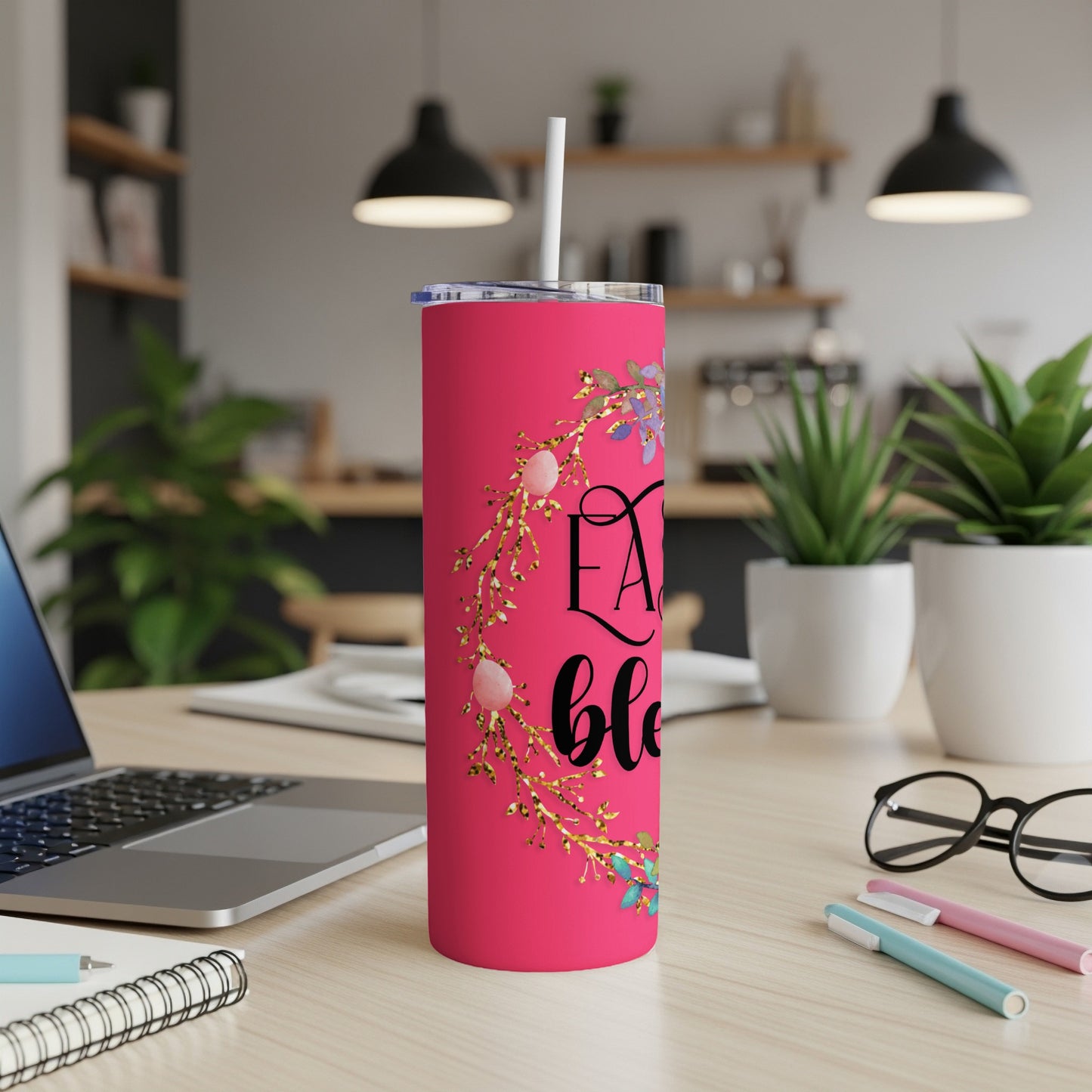 Pink tumbler with "Faith and Blessings" text and gold floral accents.