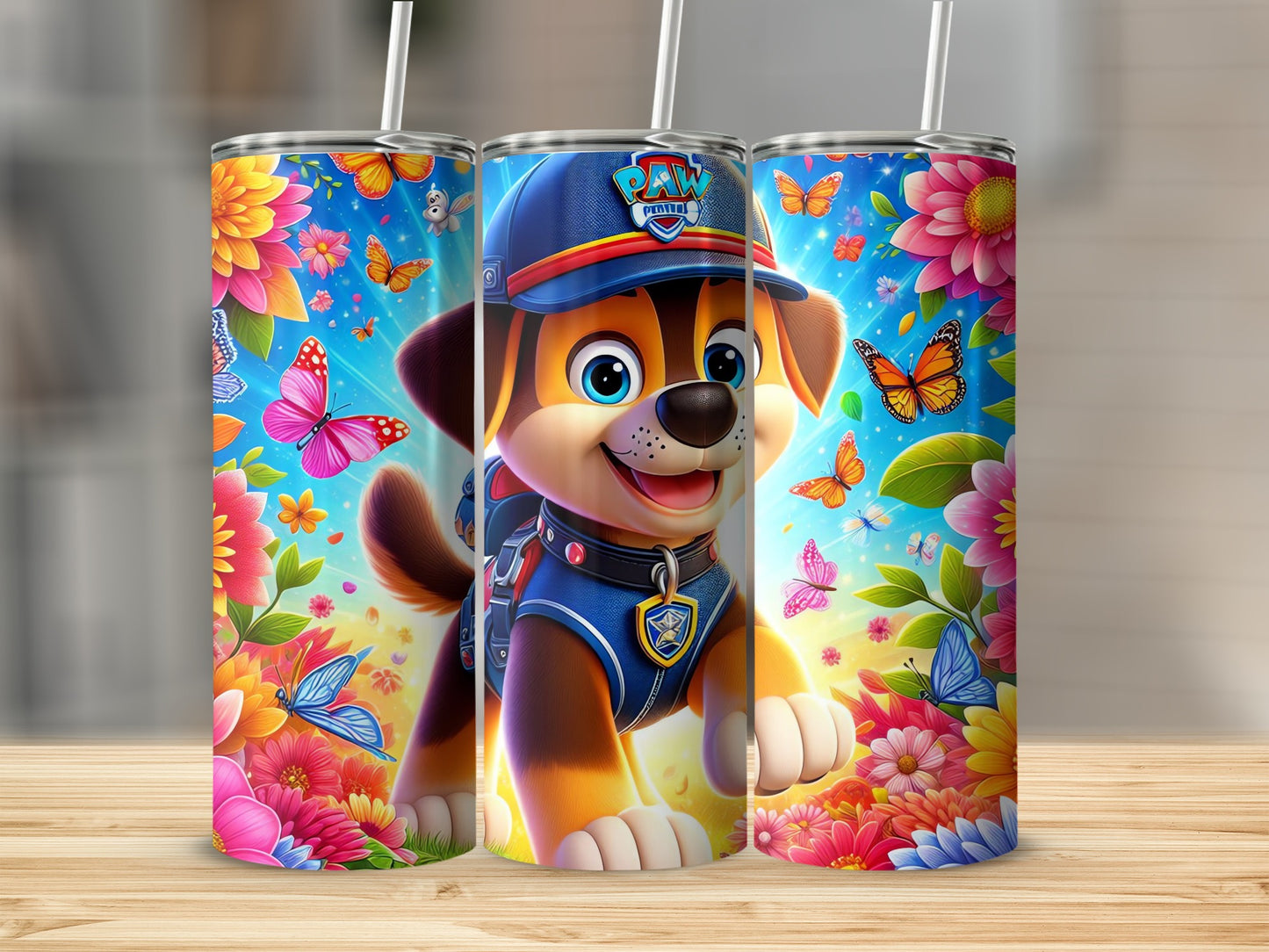 Colorful Puppy with Flowers and Butterflies Tumbler