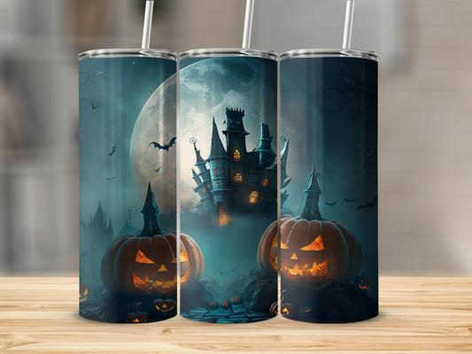Three tumblers with a spooky Halloween scene featuring jack-o'-lanterns and a haunted castle.