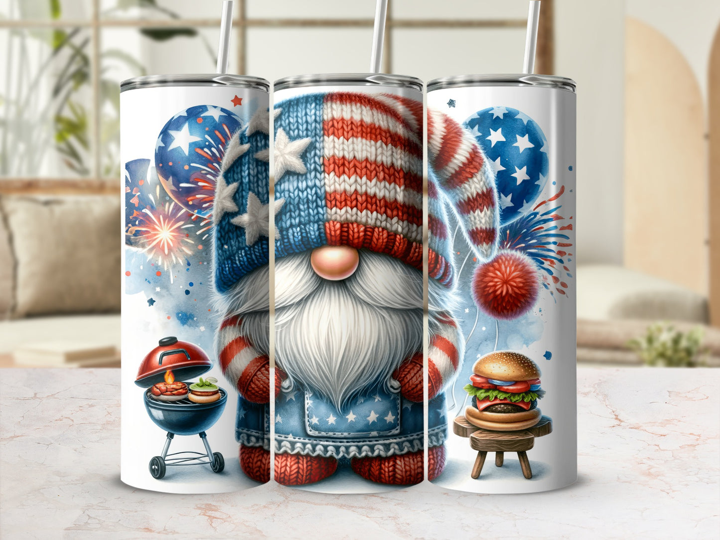Patriotic gnome with burger and grill, festive balloons and fireworks.