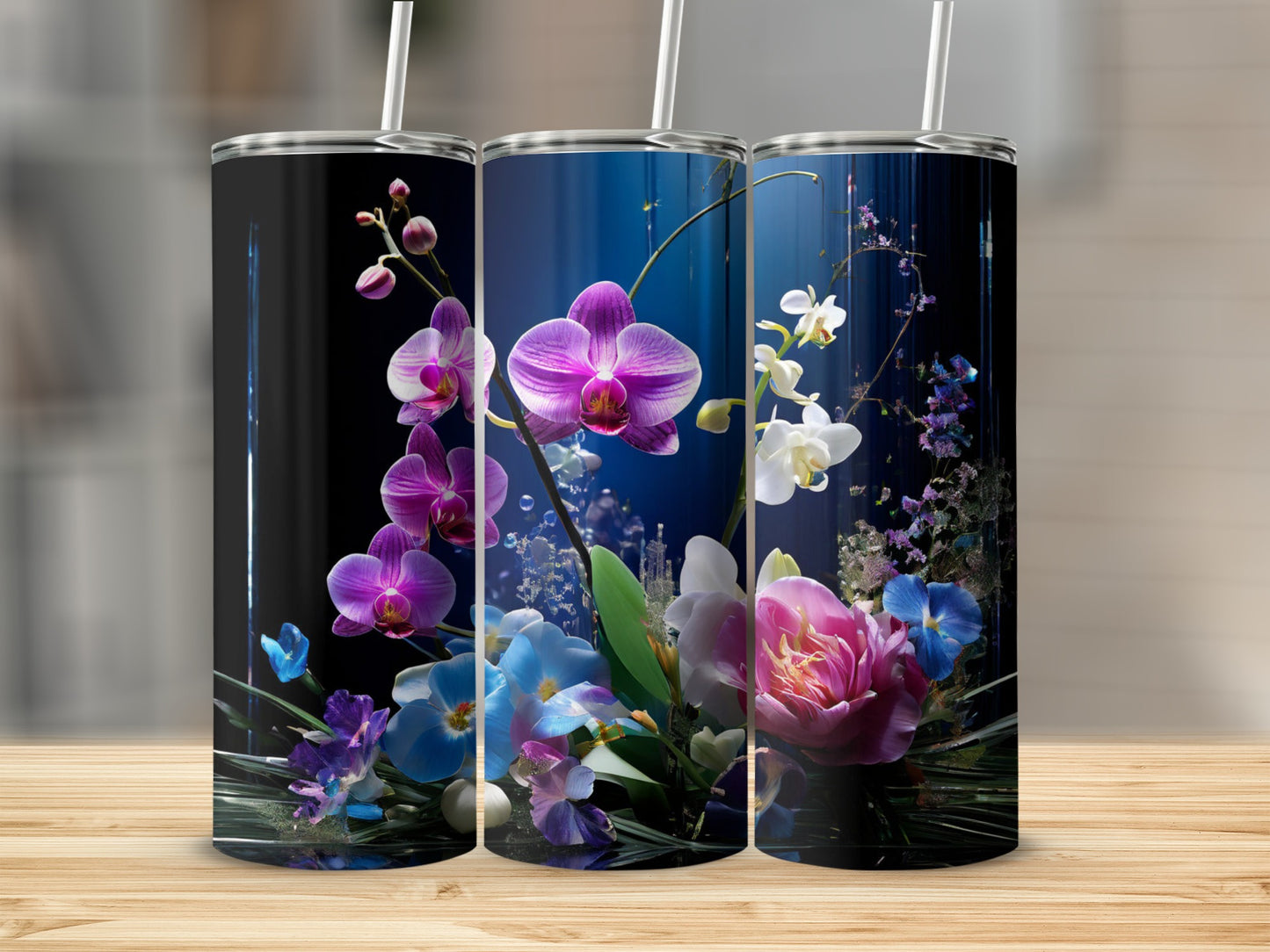 Three tumblers display vibrant orchids and flowers against a dark, blurred background.