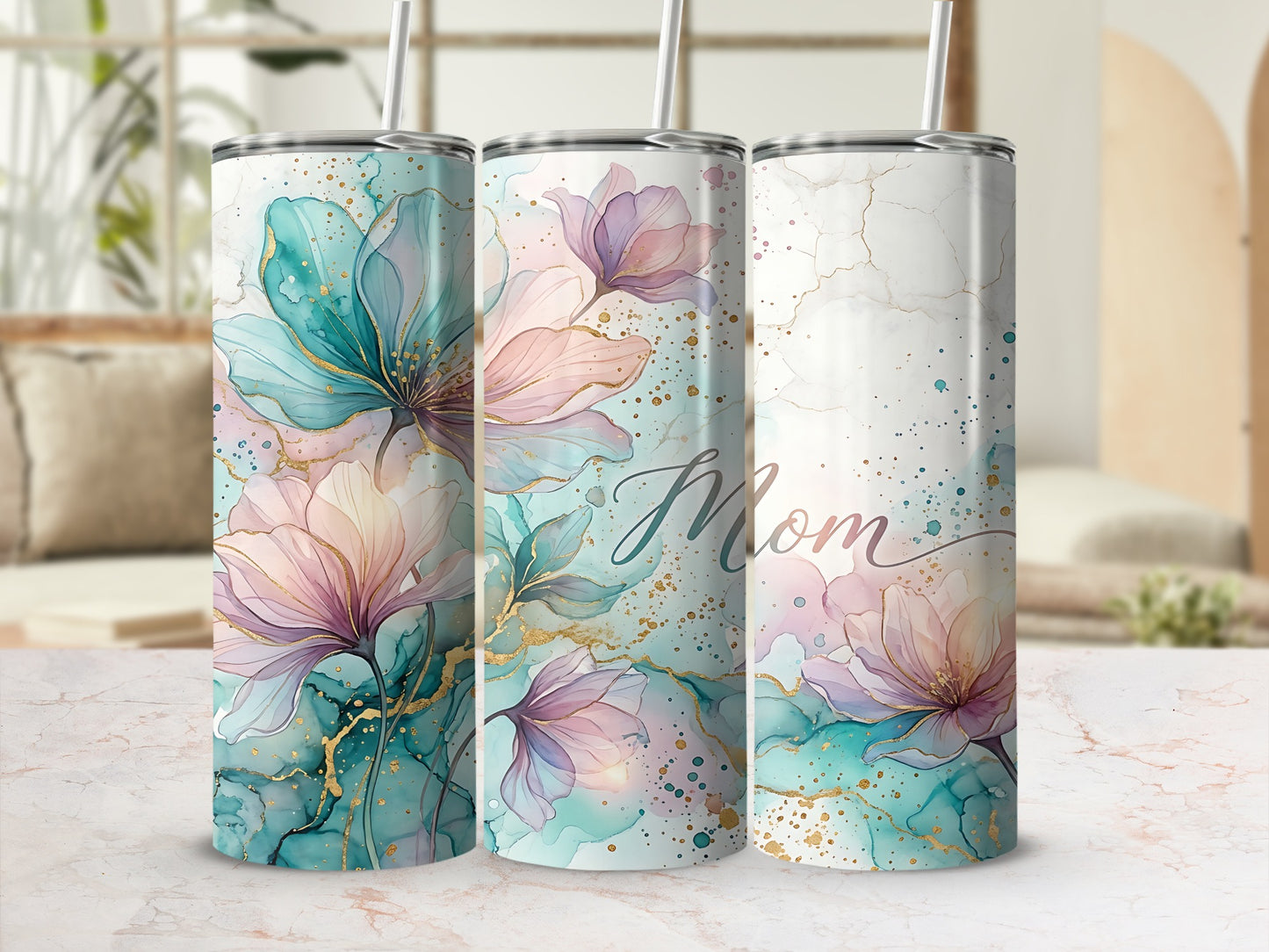 Tumbler with pastel floral watercolor design and "Mom" text.