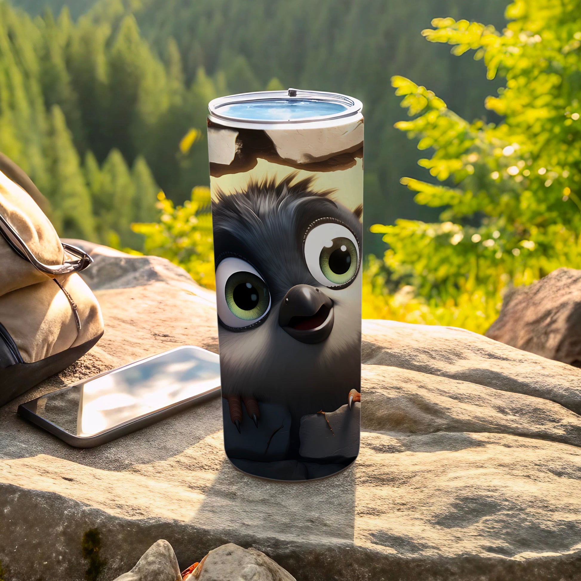 Cute Cartoon Bird Character Travel Drink Tumbler product type
cute bird tumbler, cartoon character, green eyes design, adorable bird, insulated cup, travel drinkware, outdoor theme, forest background, unique tumbler, beverage holder, quirky character, big eyes bird, black bird art, coffee travel mug, water bottle design, animal character, cute owl tumbler, nature inspired, fun gift idea, drink accessory