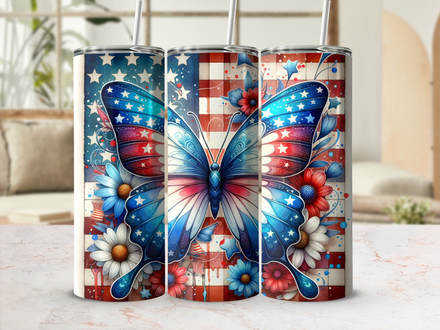American flag butterfly and flowers on a stainless steel tumbler.