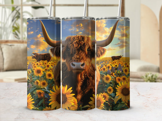 Highland cow in sunflower field with sunset sky.