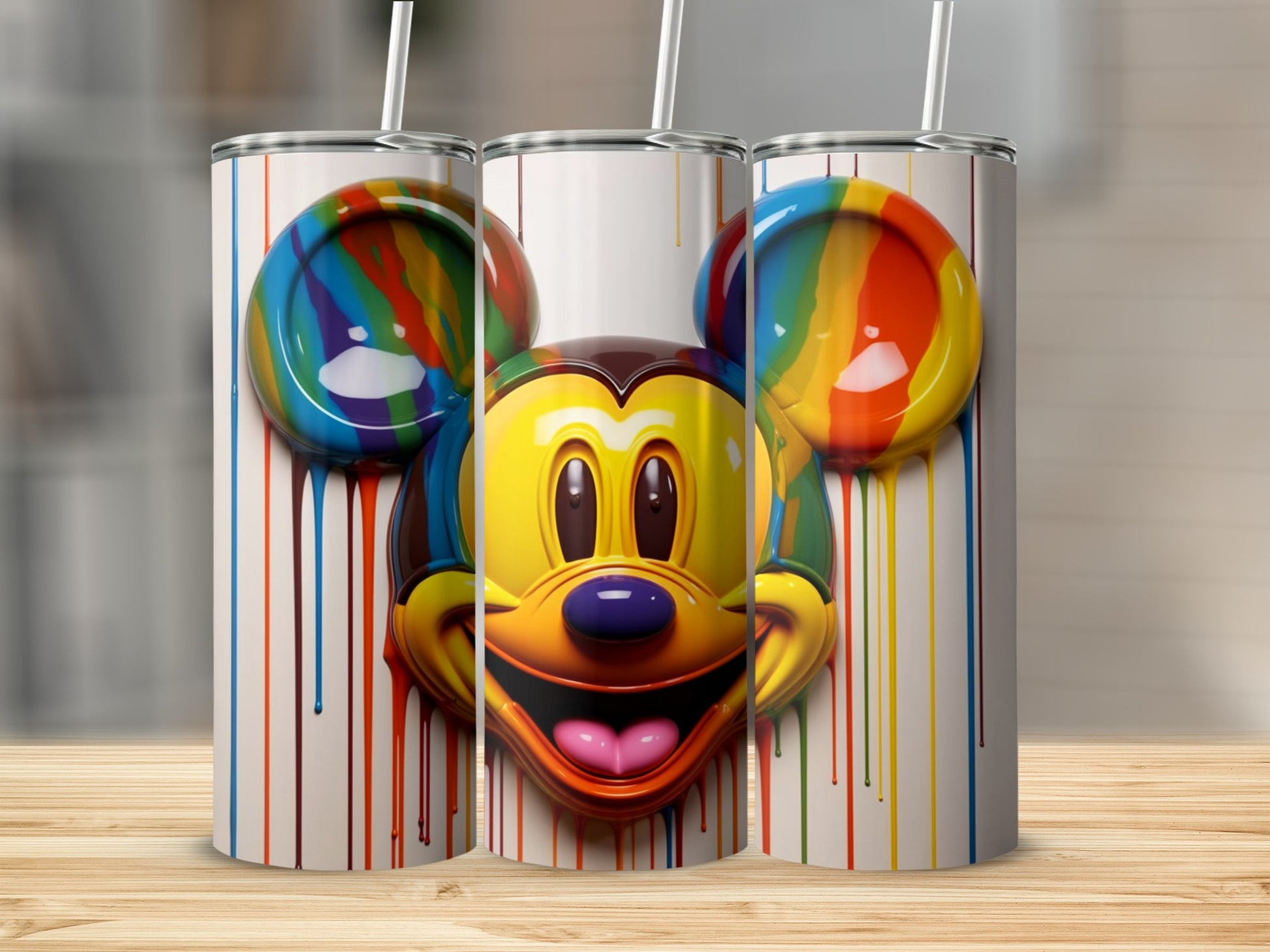 Colorful Mickey Mouse Design Tumbler with Dripping Paint