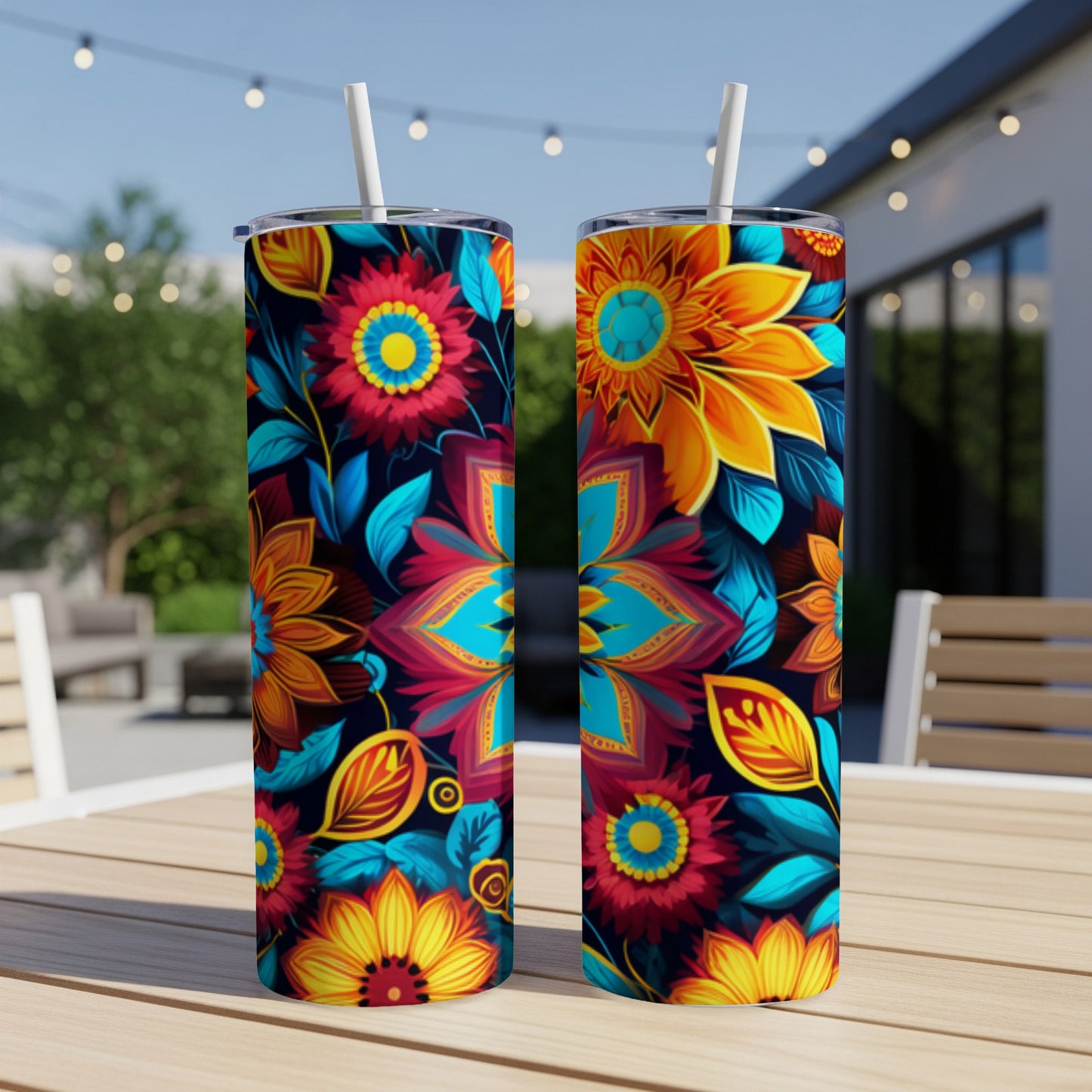 Two tall tumblers with vibrant floral patterns on a wooden table.