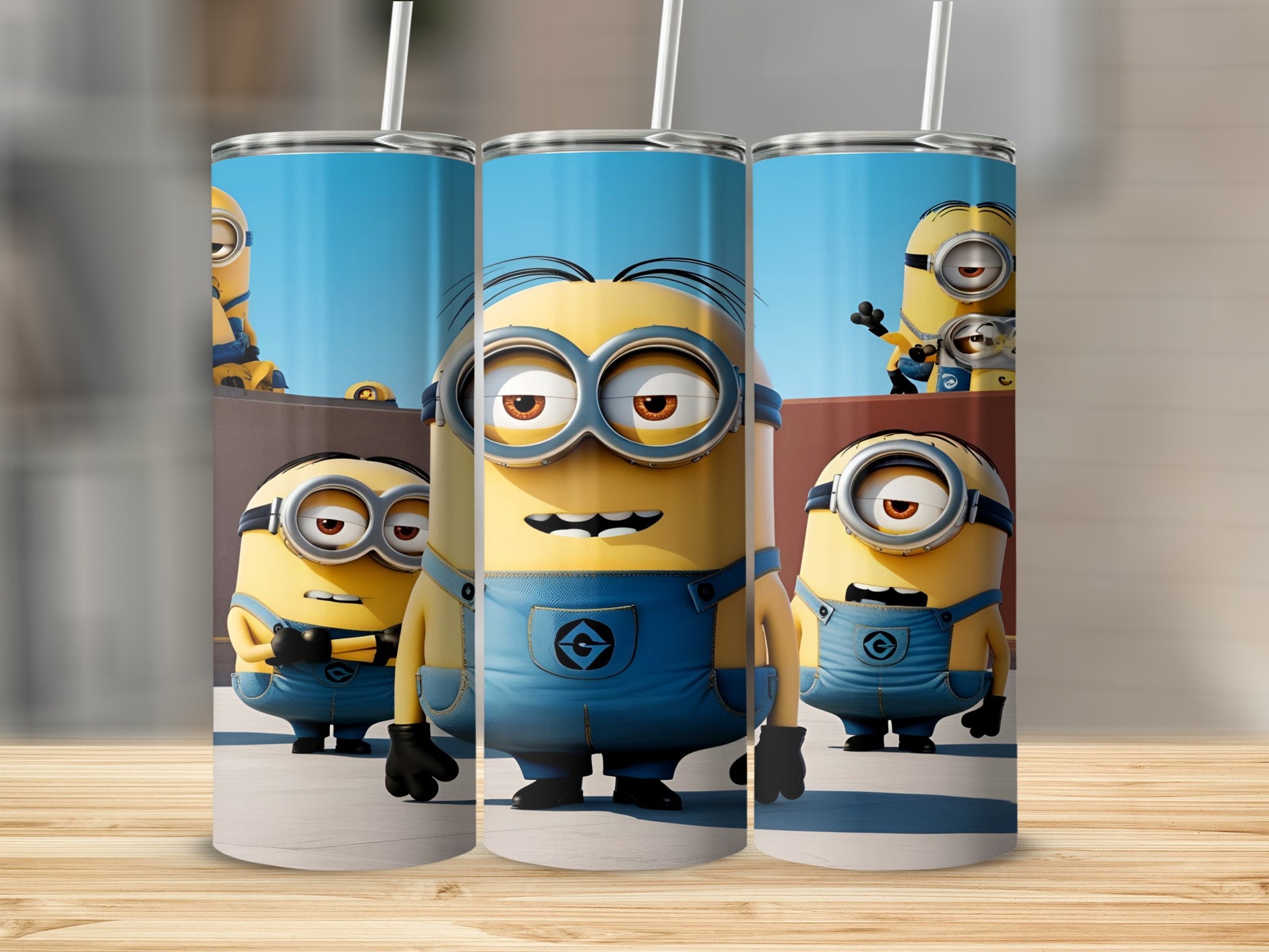 Three Minions wearing blue overalls stand in front of a blurred background.