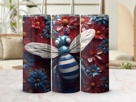 Tumbler with blue and white bee on red background with floral accents.
