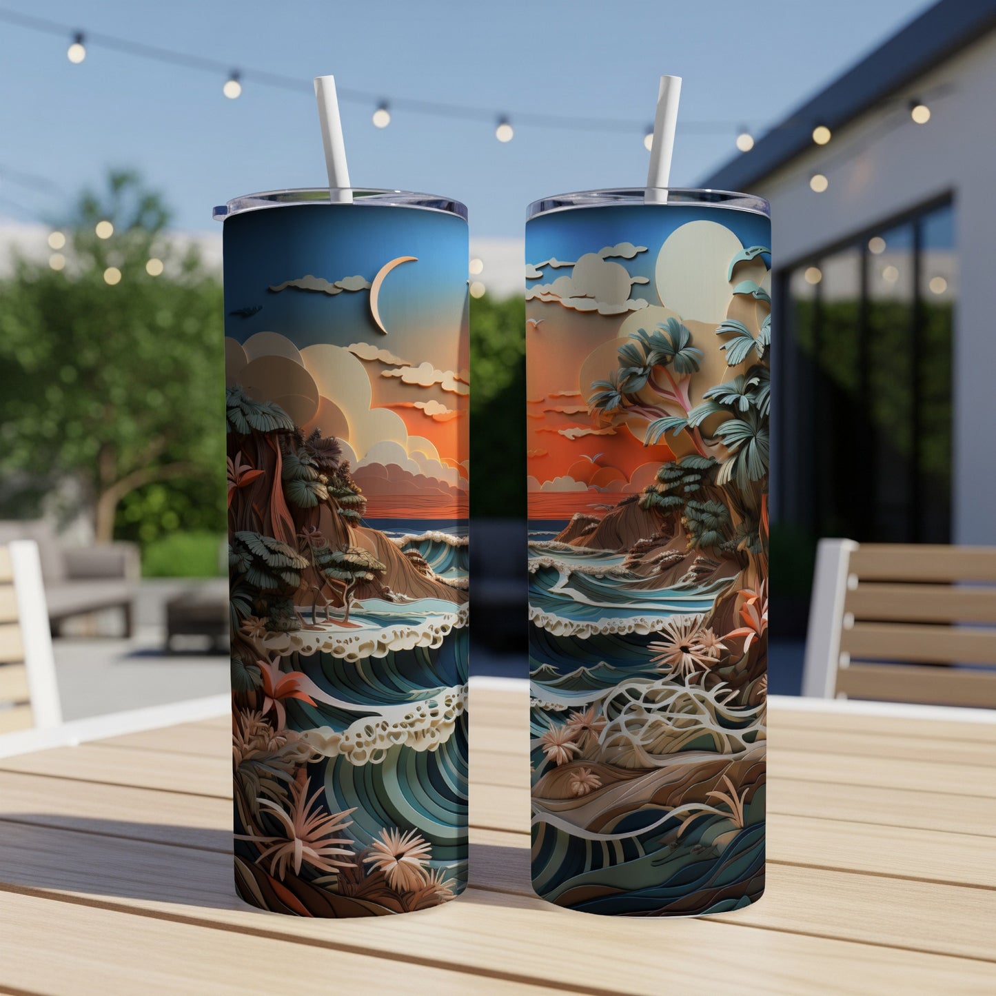 Two tumblers with a tropical sunset beach scene and palm trees.
