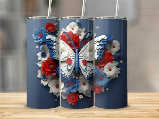 Navy blue tumbler with a white butterfly and red, white, and blue flowers.