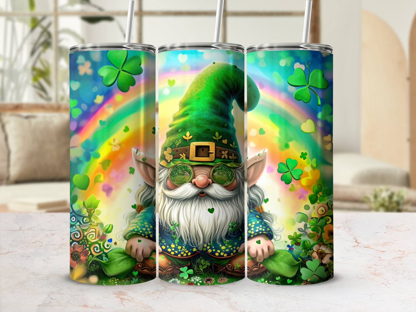 St. Patrick's Day gnome with shamrocks and rainbow background.