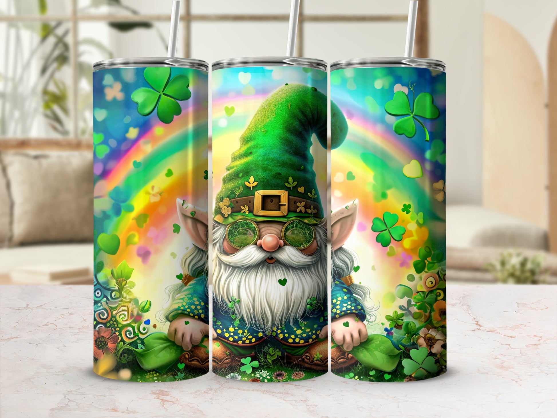 St. Patrick's Day gnome with shamrocks and rainbow background.