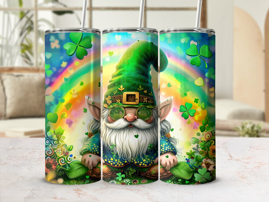 St. Patrick's Day gnome with shamrocks and rainbow background.