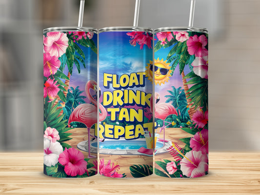 Flamingos, tropical leaves, and "Float Drink Tan Repeat" on three tumblers.