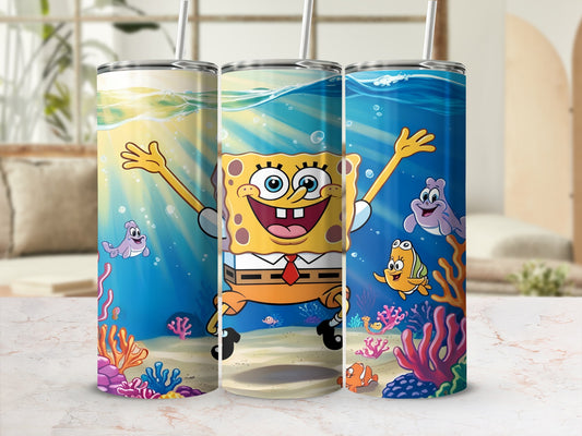 SpongeBob SquarePants and friends underwater in a colorful ocean scene.