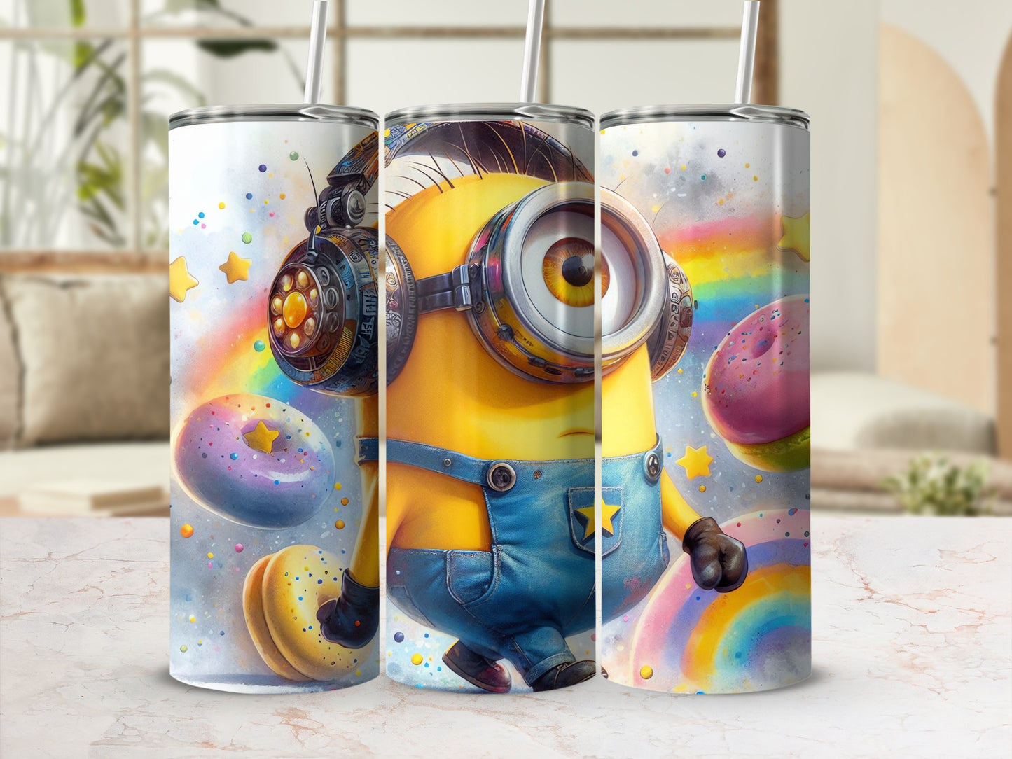 Colorful Minion Tumbler With Rainbow And Stars Design