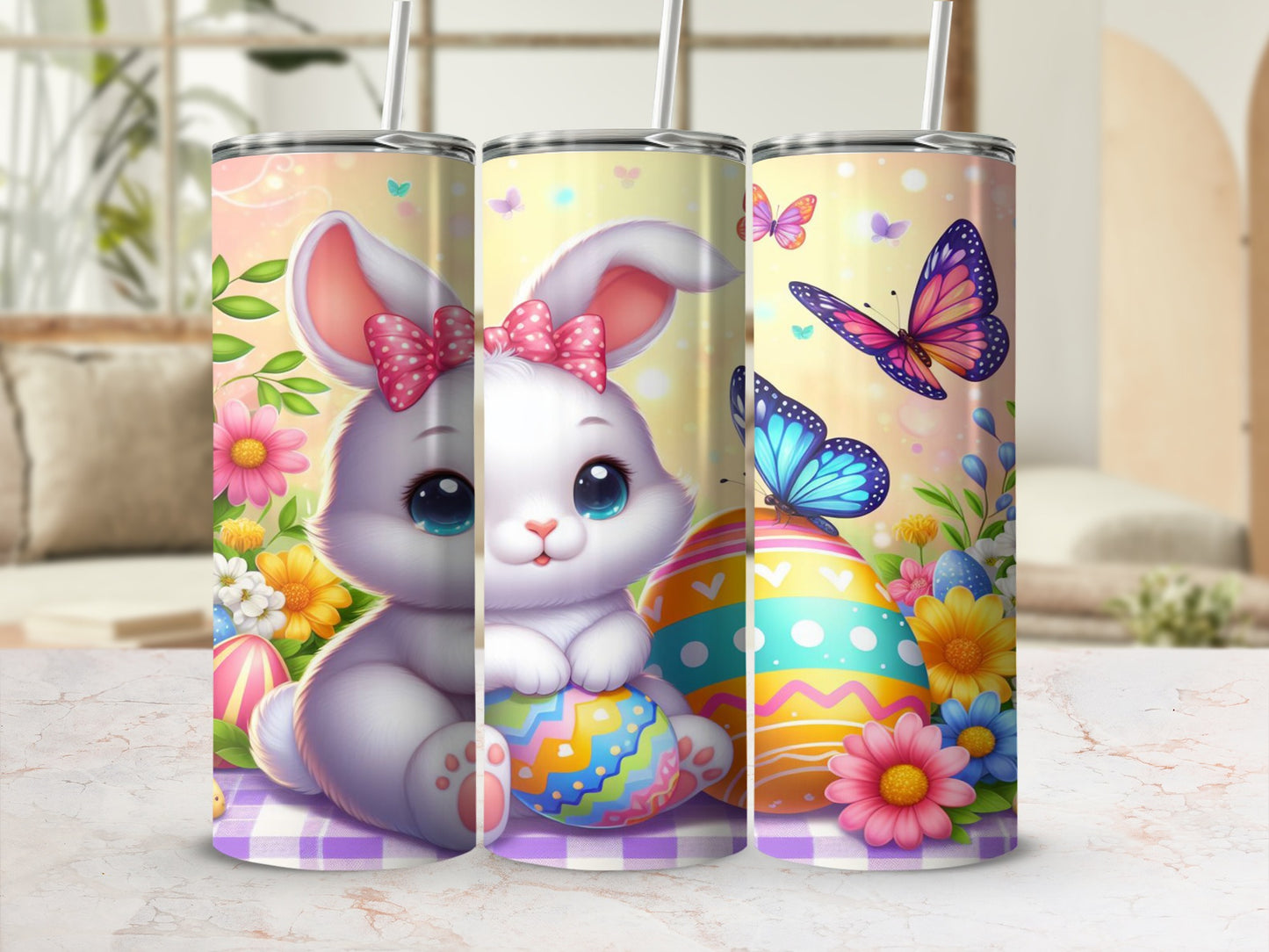 White bunny with pink bow sits with Easter eggs and butterflies.