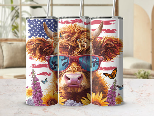 Highland cow with American flag and sunflowers, wearing sunglasses.