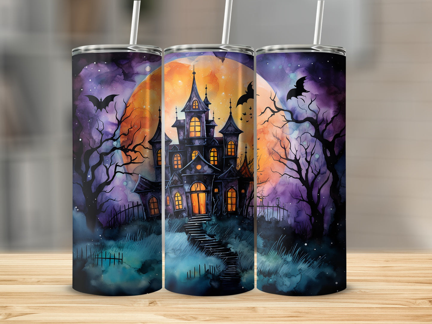 Spooky Haunted House with Bats Halloween Tumbler