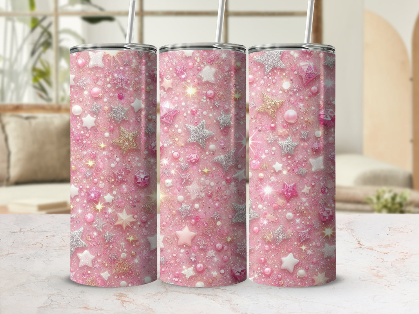 Pink glitter tumbler with stars and confetti pattern.