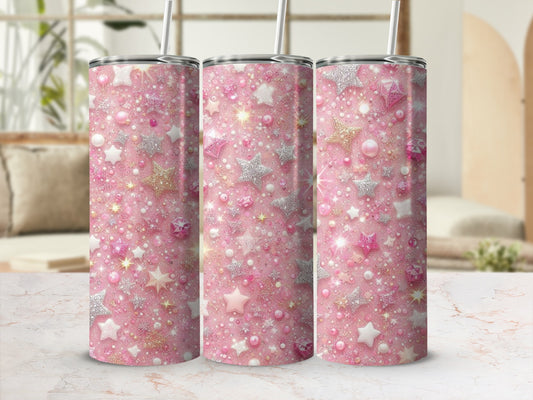 Pink glitter tumbler with stars and confetti pattern.