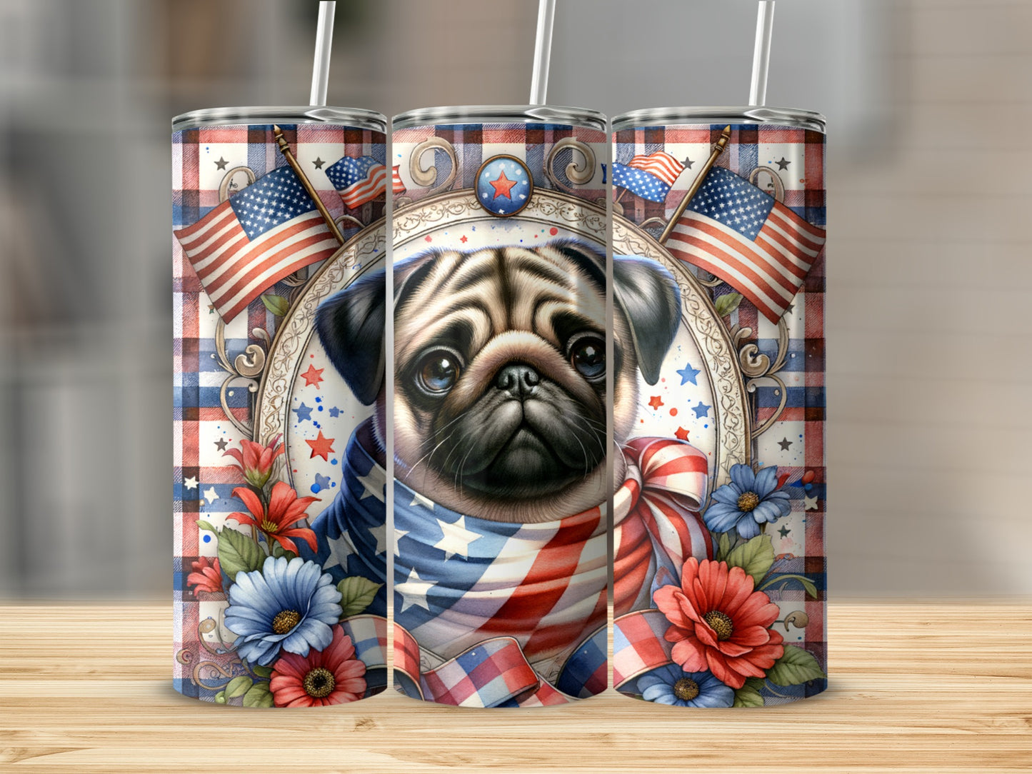 Pug wearing patriotic bandana, surrounded by flowers and flags, on a tumbler.