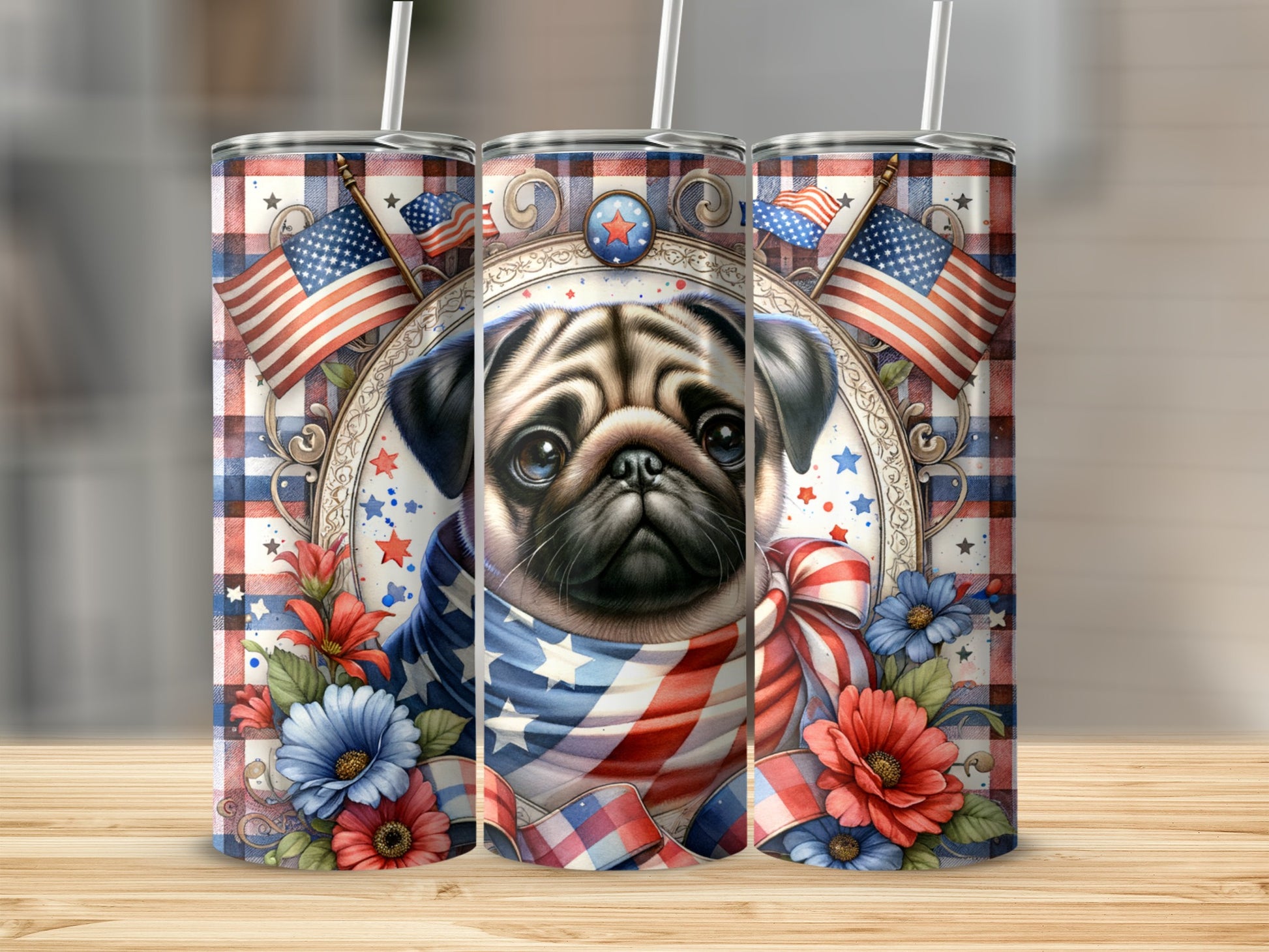 Pug wearing patriotic bandana, surrounded by flowers and flags, on a tumbler.