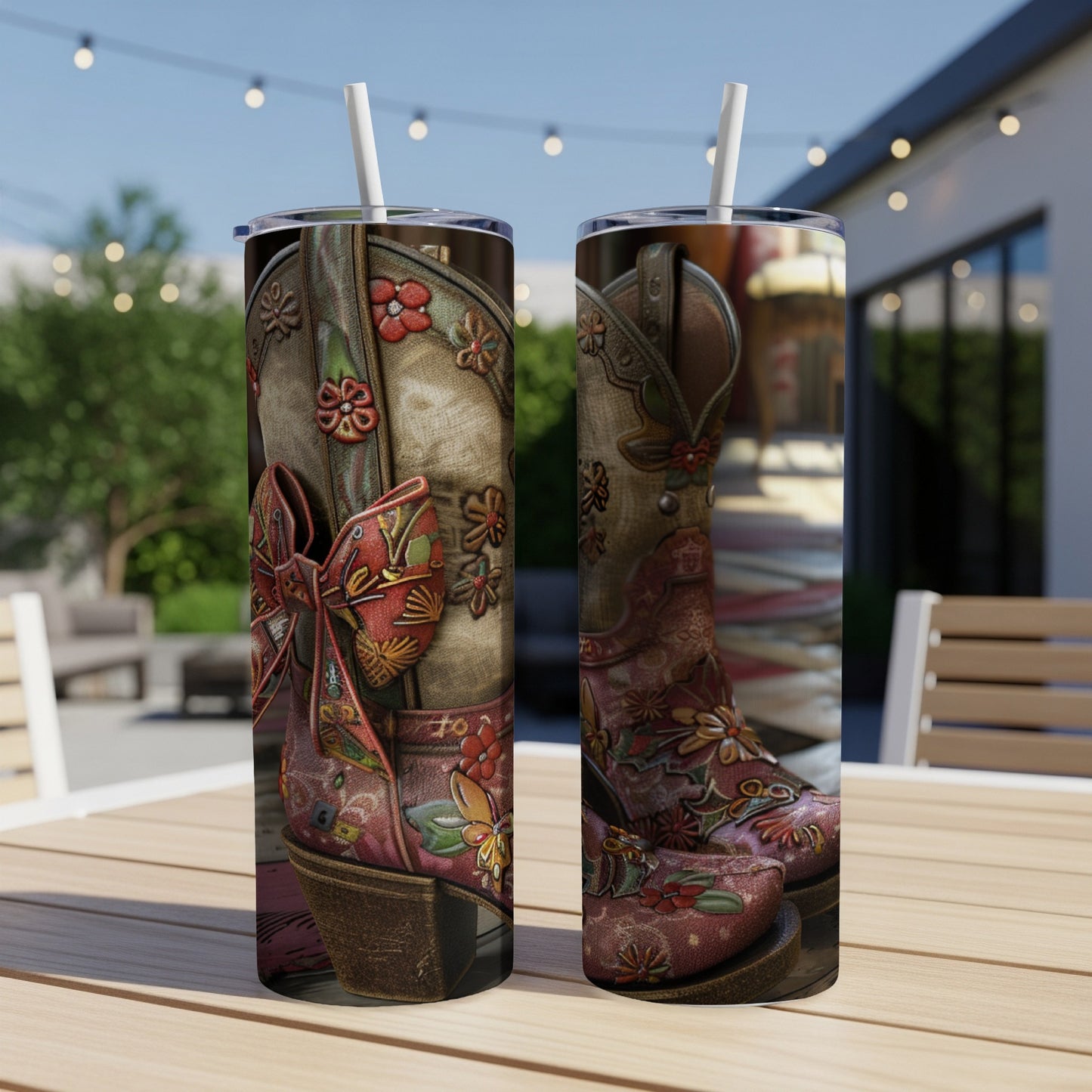 Two pink cowboy boots with floral designs and red bows on a table.