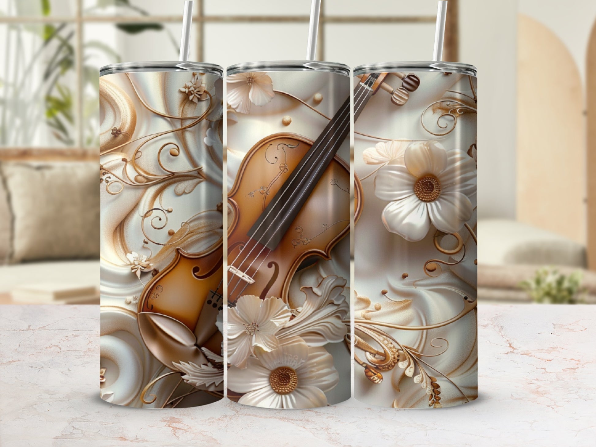 Three tumblers with a violin and floral scroll design.