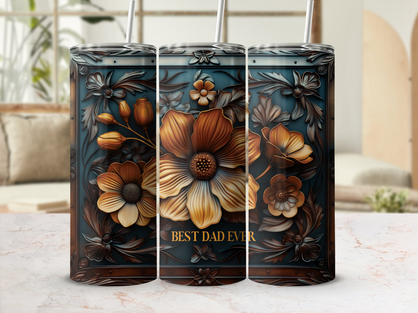 Brown and gold embossed floral design on a tumbler, "Best Dad Ever" text.