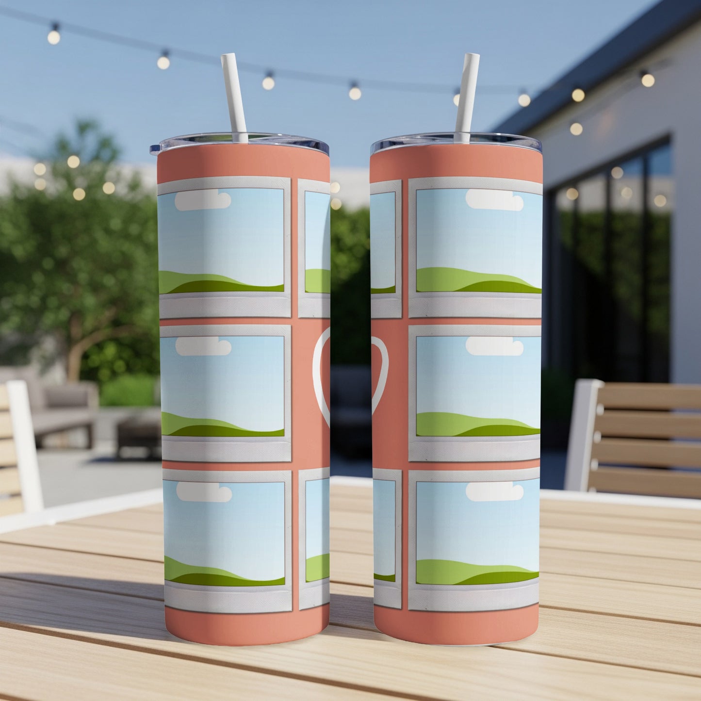 Two pink tumblers with a photo collage design of landscape scenes and a heart.