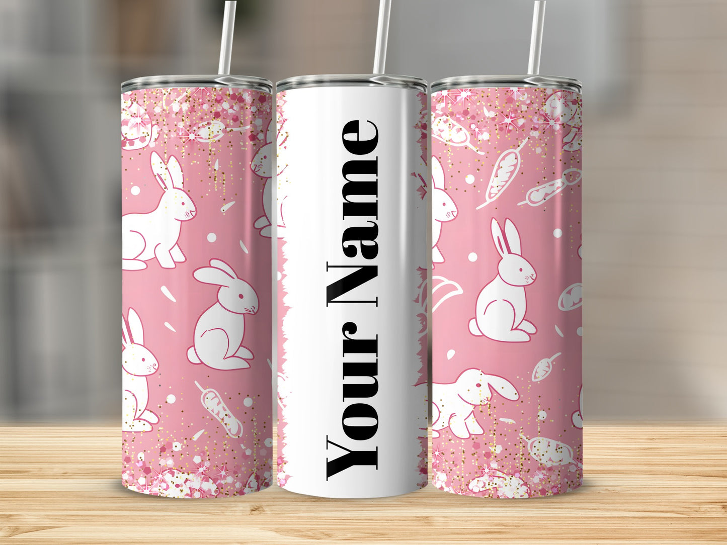 Personalized Cute Bunny Pink Glitter Design Tumbler