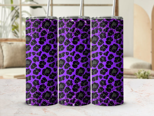 Purple tumbler with black and silver leopard print pattern.