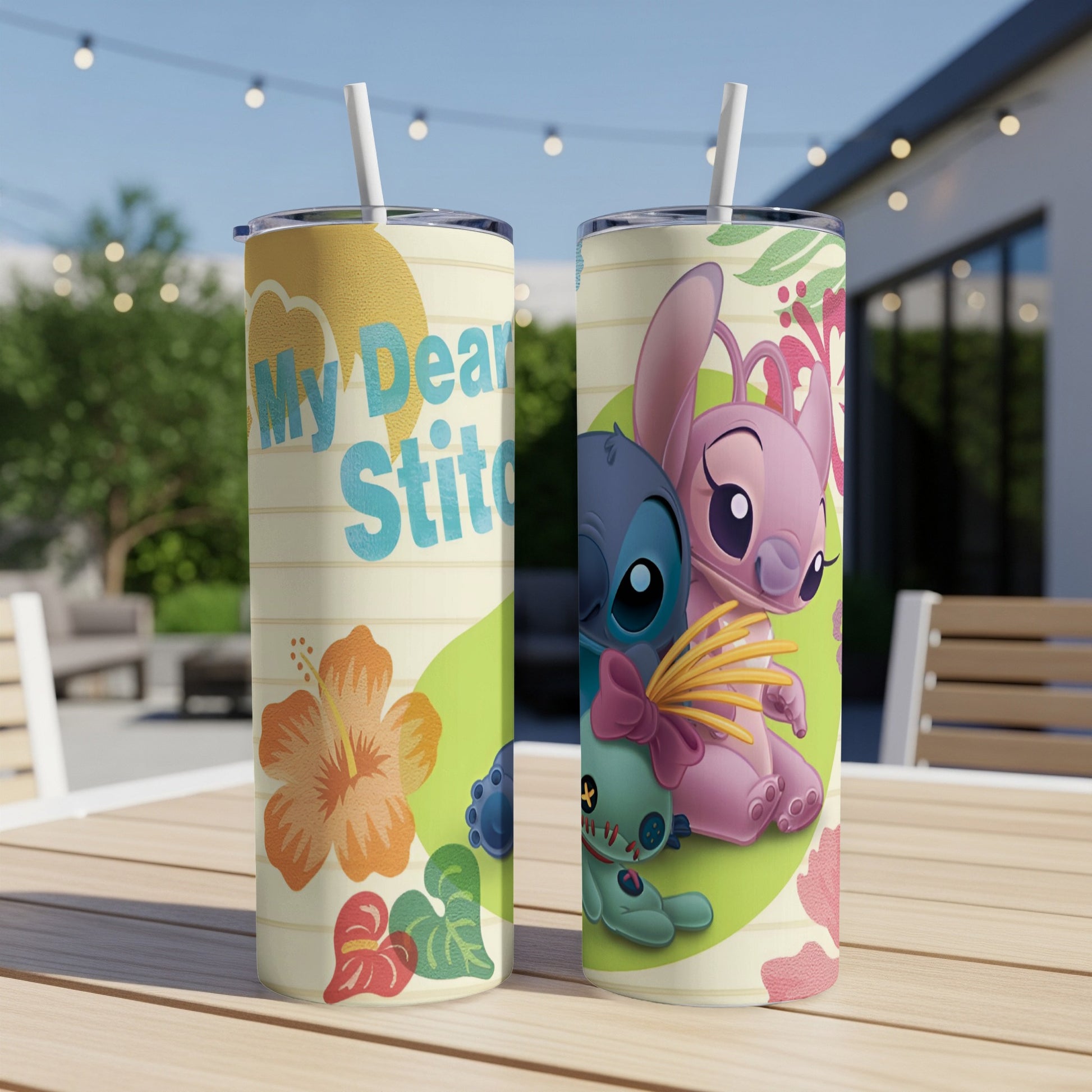 Two Stitch-themed tumblers with floral designs and text "My Dear Stitch".
