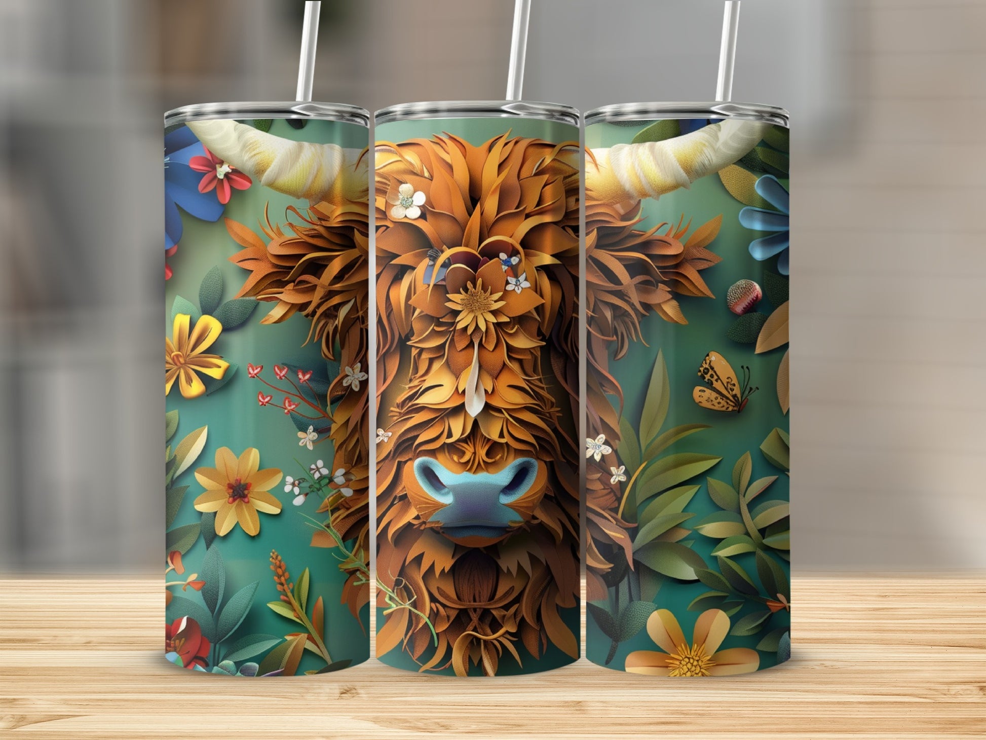 Tall tumbler featuring a Highland cow with floral accents on a green background.