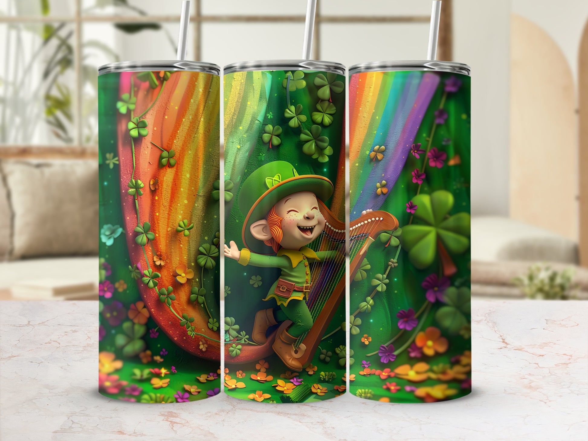 Leprechaun playing harp under rainbow with shamrocks and flowers.