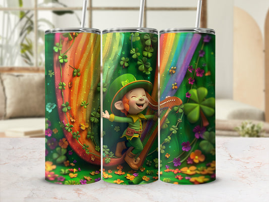 Leprechaun playing harp under rainbow with shamrocks and flowers.