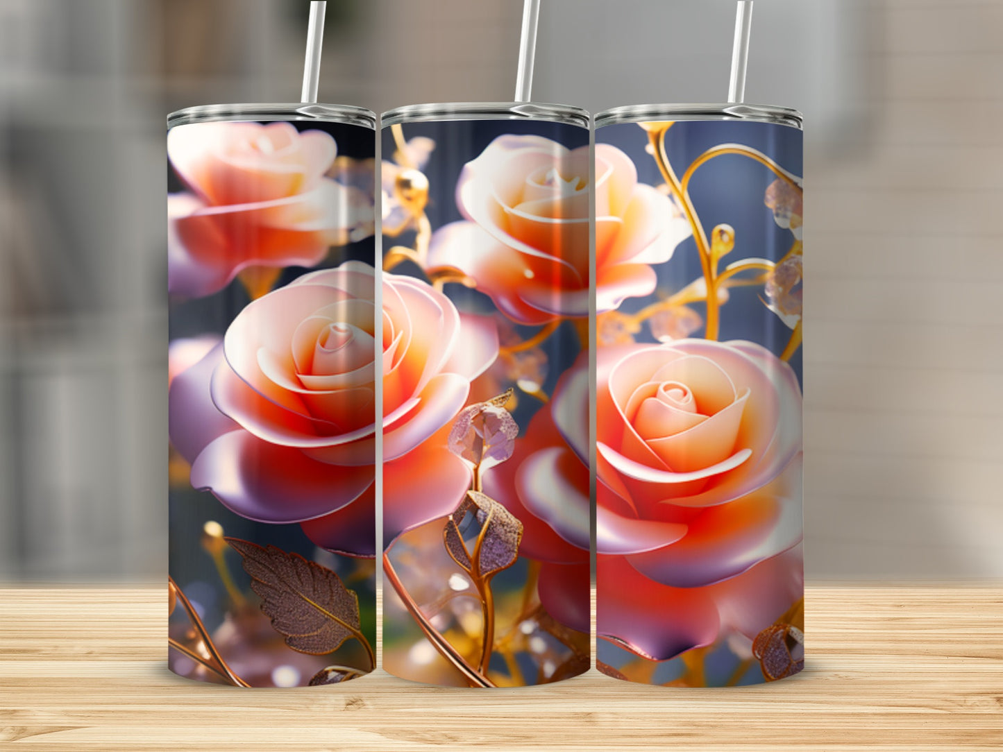 Three tumblers featuring a close-up of a rose with metallic accents.