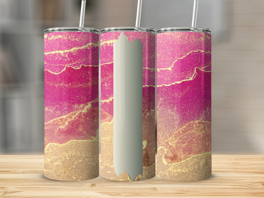 Three tumblers with pink and gold marbled design on wooden surface.