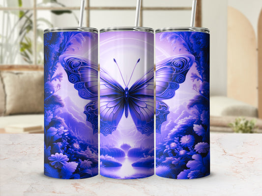Blue butterfly on a magical landscape with purple trees and flowers.